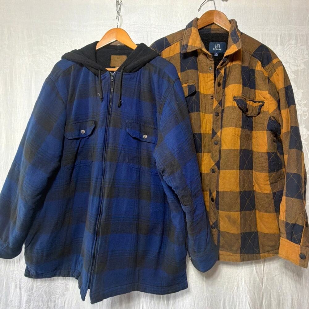 Shacket XL Blue Black Yellow Plaid Button Up Pockets Shirt Jacket Flannel LotOf2